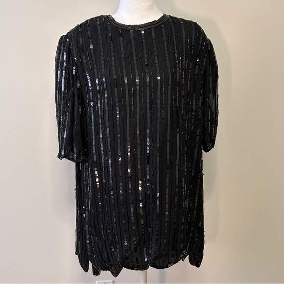 Holt Renfrew Tops - Holt Renfrew Women’s XL Elegant Black Sequin Tunic Top Scalloped Hem Holiday